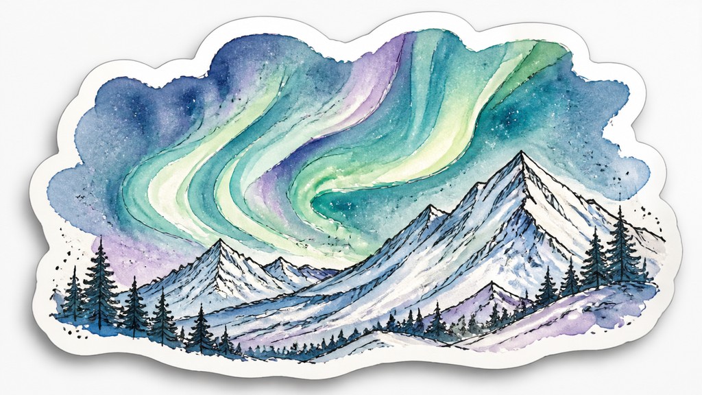 a flowing aurora over snowy peaks, wide sweeping composition, no people, no text — Hand-Drawn Sticker Design banner