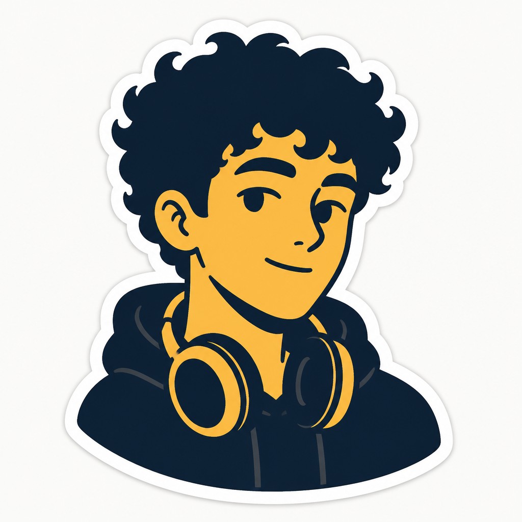 head-and-shoulders portrait of an original character: a young man with curly dark hair and headphones around his neck, plain backdrop, no text — Minimalist Sticker Design Discord profile picture