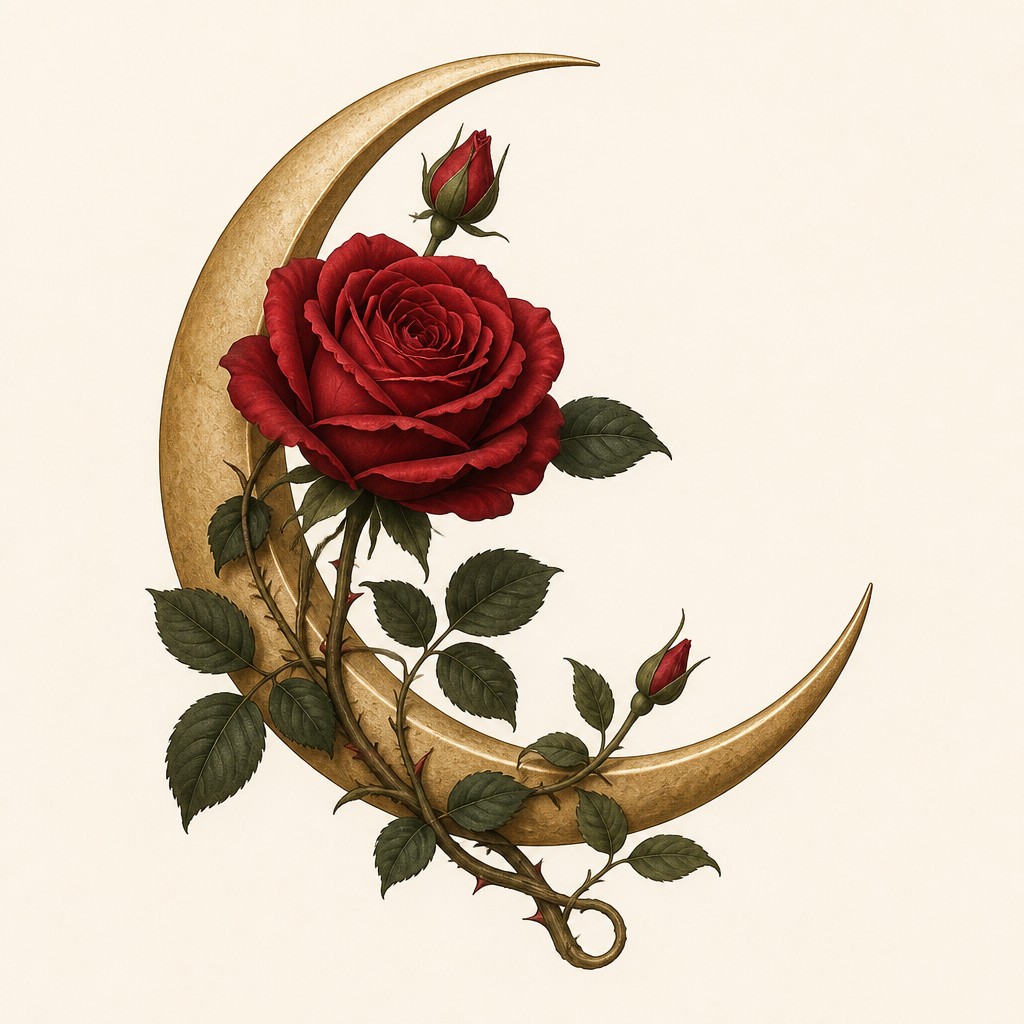 a rose entwined with a crescent moon, clean balanced composition on a plain background, no text — Colonial Architecture tattoo design