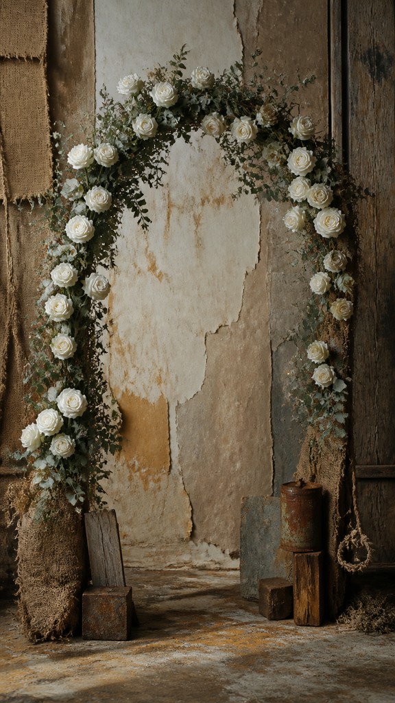 an arch of white roses and eucalyptus in soft morning light, elegant vertical composition with open space, no text — Arte Povera Art Style wedding invitation