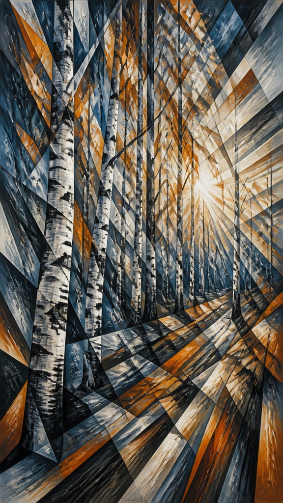 a serene birch forest in soft morning light, no people, no text — Cubo-Futurism Art Style wall art print