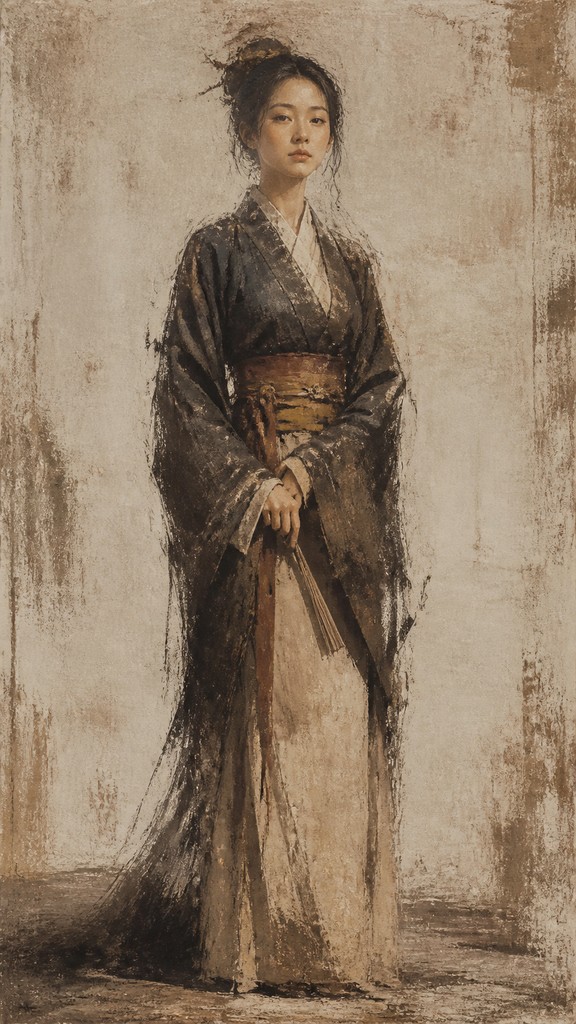 full-length portrait of an elegant figure — Dry Brush Painting Style