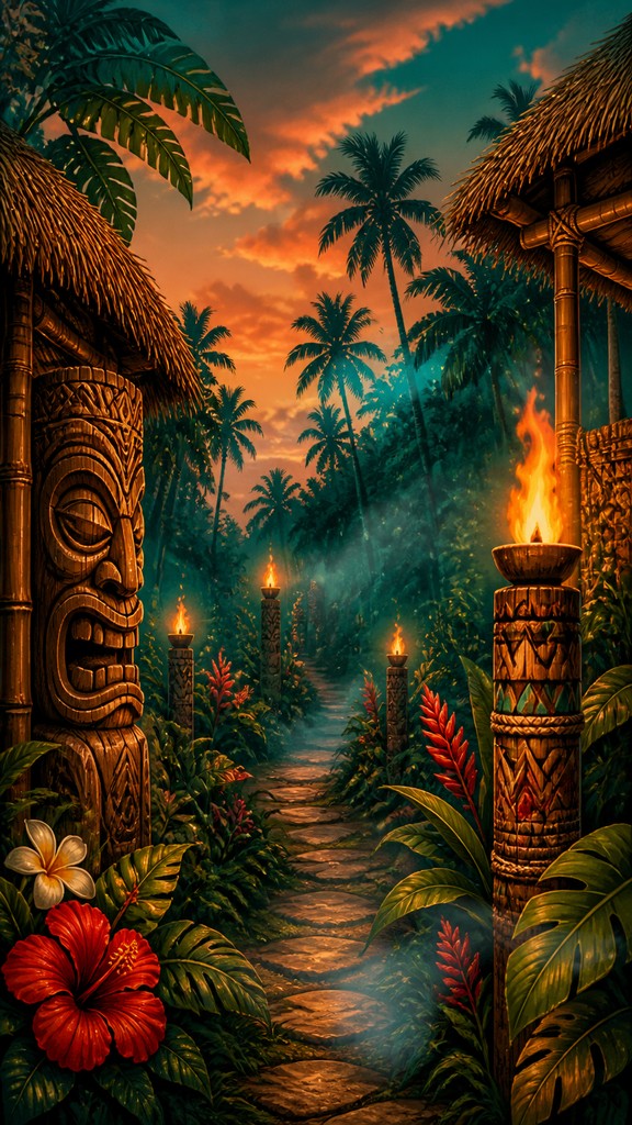 a mysterious forest path with fireflies and drifting mist, atmospheric vertical composition with open space at the top, no text — Tiki Aesthetic book cover