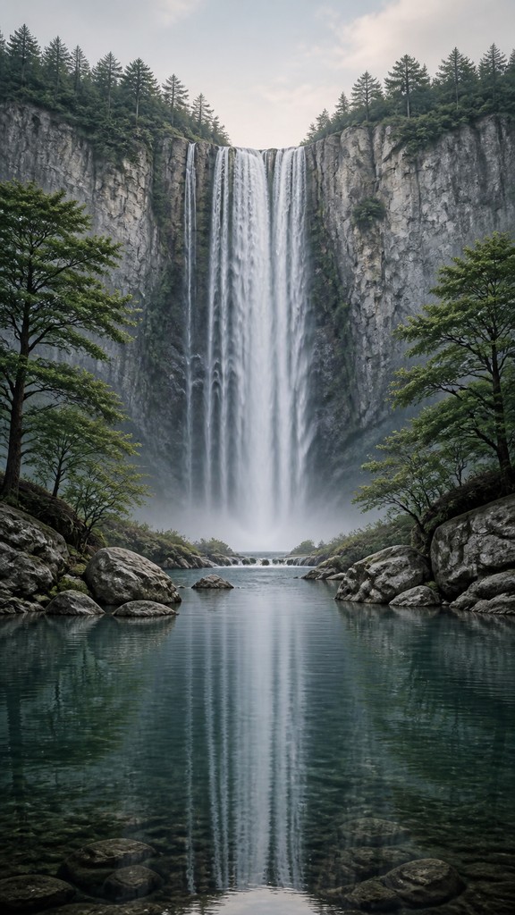 towering waterfall cascading down a cliff — Perfect Balance Art Style