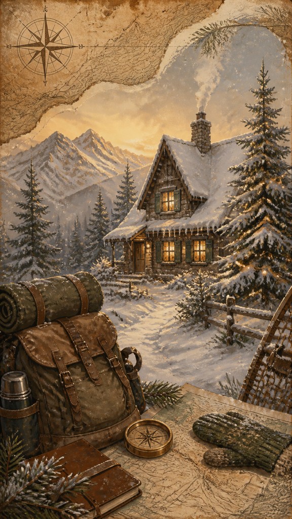a snow-covered cottage with warm glowing windows beside a decorated pine tree, gentle snowfall, no text — Adventurecore Aesthetic Christmas card