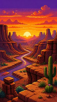 a desert canyon under a dramatic sunset sky, no people — 16-Bit Pixel Art Style wallpaper