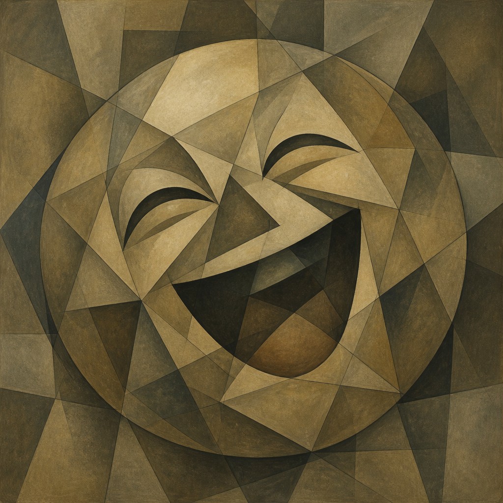 an exaggerated laughing face of an original round mascot character, bold and readable at small size, plain background, no text — Analytical Cubism Art Style Twitch emote