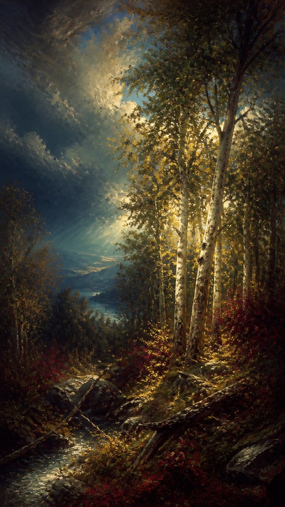 a serene birch forest in soft morning light, no people, no text — Romantic Classical Art Style wall art print