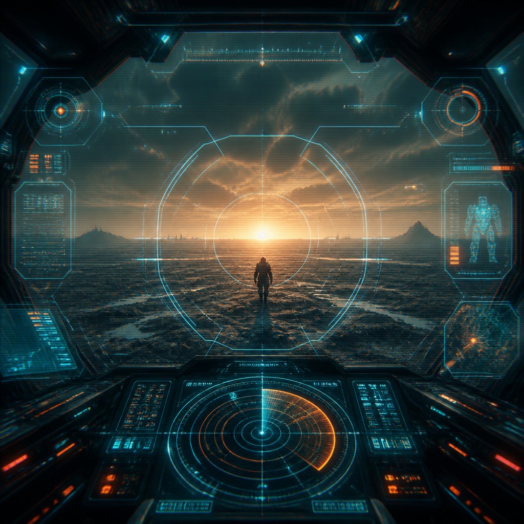 a solitary figure walking toward a glowing horizon across an empty plain, moody atmosphere, no text or lettering — Mecha Pilot Interface View album cover
