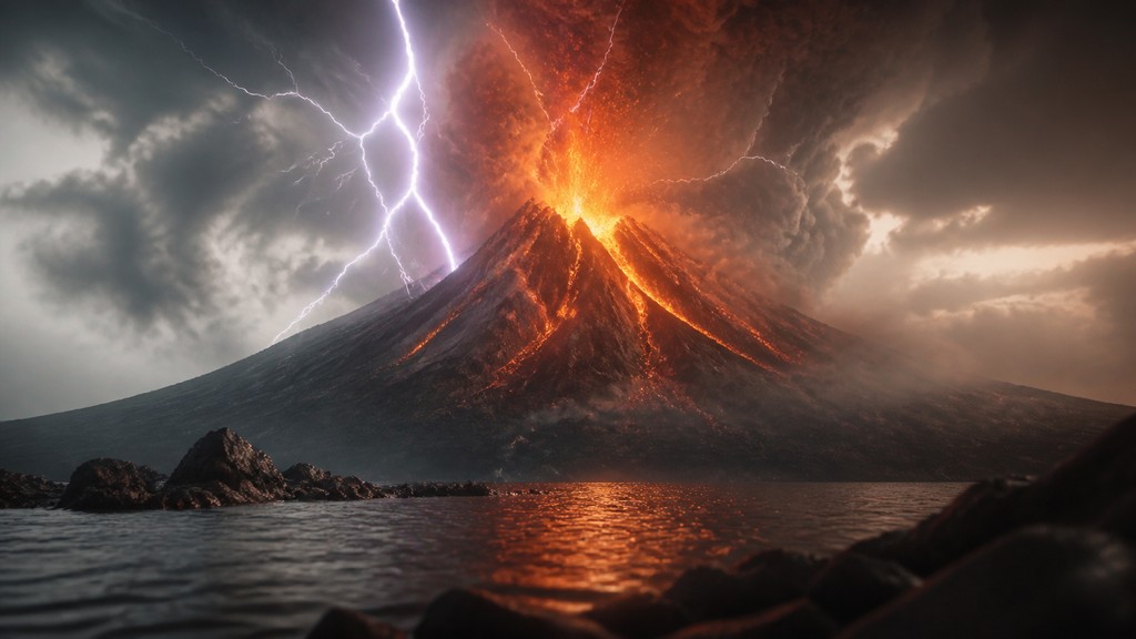 an erupting volcano with lightning strikes, dramatic wide composition, no text — VFX Compositing Digital Art Style YouTube thumbnail