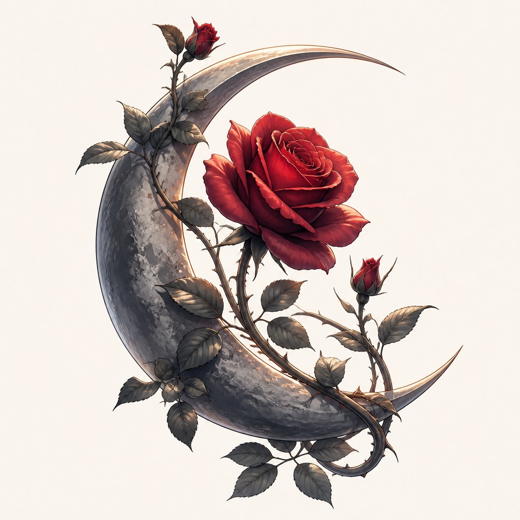 a rose entwined with a crescent moon, clean balanced composition on a plain background, no text — Semi-Realistic Anime Art Style tattoo design
