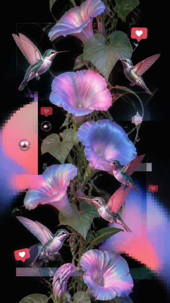 a climbing vine of flowers and hummingbirds on a dark background, tall wrapping composition, no text — Post-Internet Contemporary Art Style phone case design