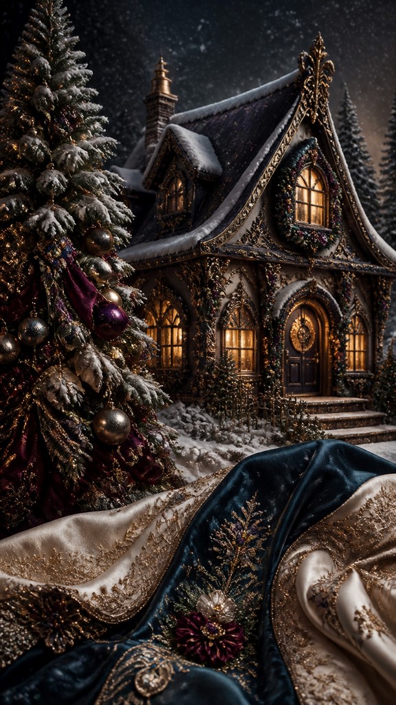 a snow-covered cottage with warm glowing windows beside a decorated pine tree, gentle snowfall, no text — Haute Couture Fashion Design Christmas card