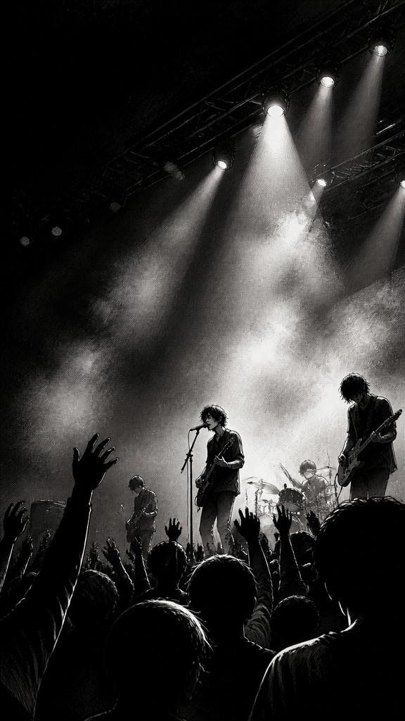 a live music scene with a glowing stage and silhouetted crowd, energetic vertical composition with open space at the top, no text — Seinen Mature Manga Art Style flyer