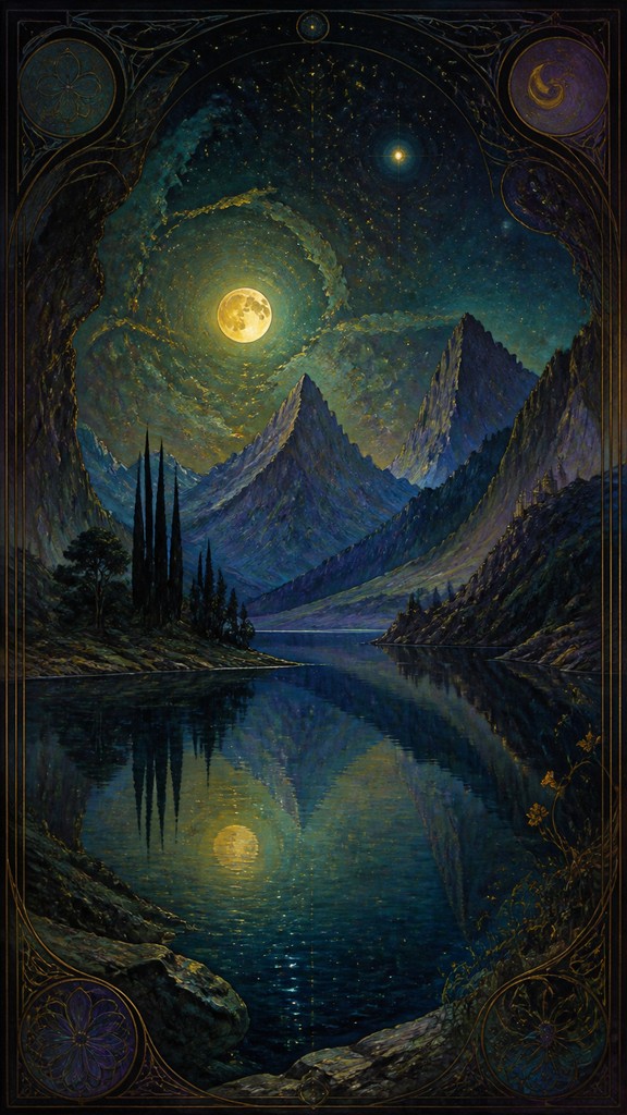 a tranquil mountain lake beneath a starry night sky, no people, no text — Symbolism Art Style phone wallpaper