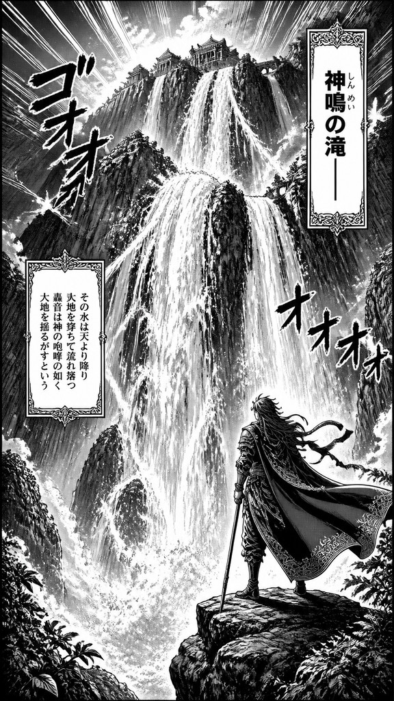 towering waterfall cascading down a cliff — Fantasy Adventure Manga Art Style