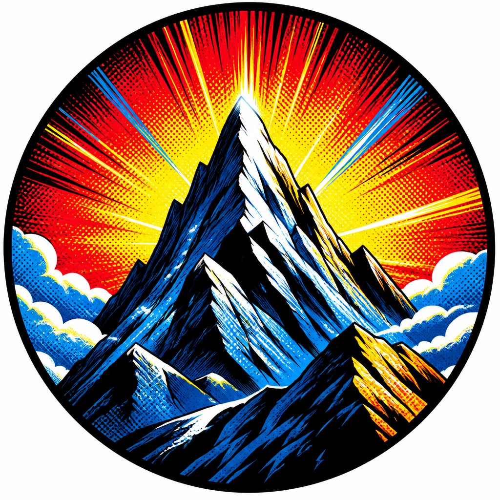 an emblem of a mountain peak inside a circle, simple bold shapes on a plain background, no text or lettering — Superhero Comic Art logo concept