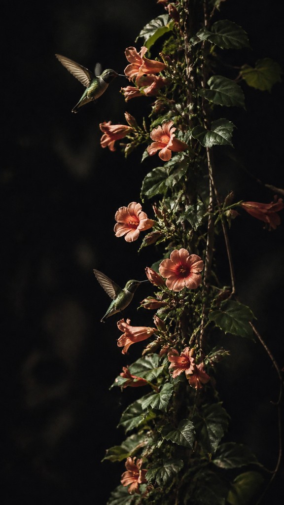 a climbing vine of flowers and hummingbirds on a dark background, tall wrapping composition, no text — Fine Art Photography Style phone case design