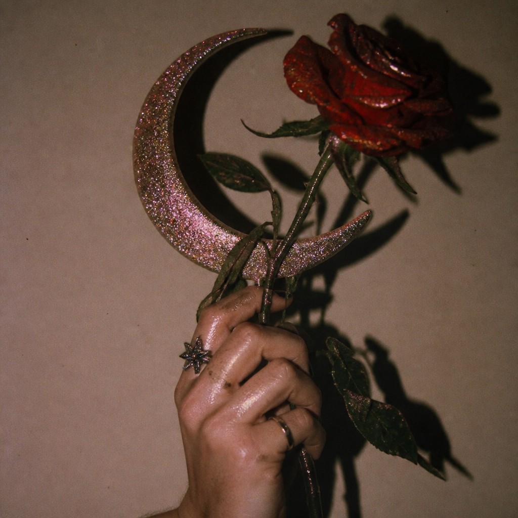 a rose entwined with a crescent moon, clean balanced composition on a plain background, no text — Indie Sleaze Aesthetic tattoo design