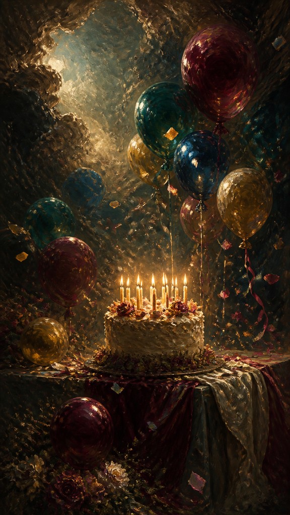 a birthday cake with lit candles surrounded by balloons and confetti, festive vertical composition, no text — Romantic Classical Art Style birthday card
