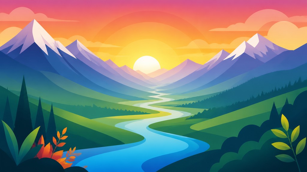 a vast valley with a river winding toward distant mountains at sunrise, no people, no text — Vector Digital Art Style desktop wallpaper