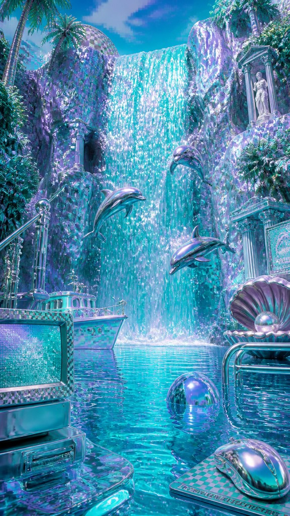 towering waterfall cascading down a cliff — Seapunk Aesthetic