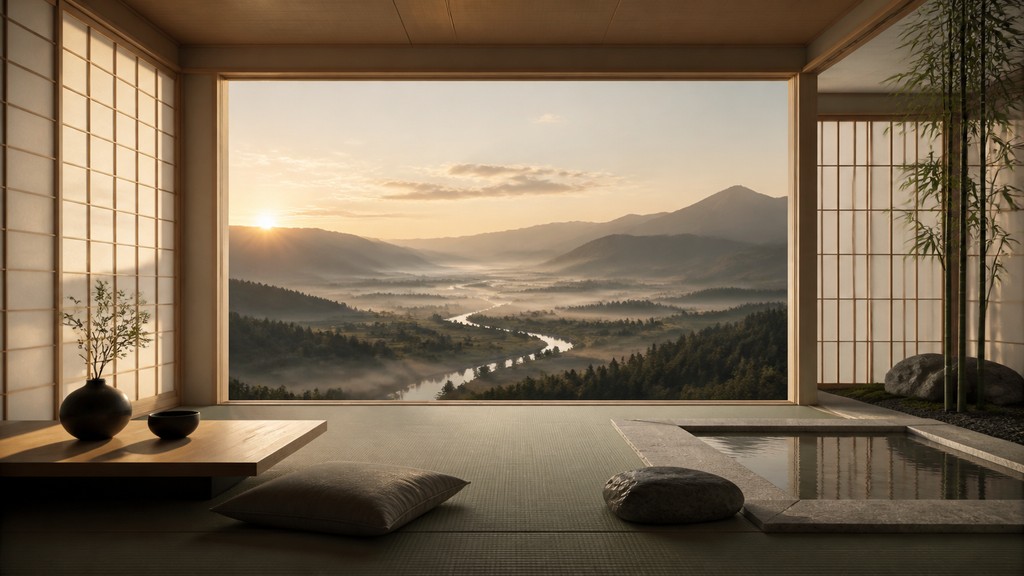 a vast valley with a river winding toward distant mountains at sunrise, no people, no text — Zen Interior Design desktop wallpaper