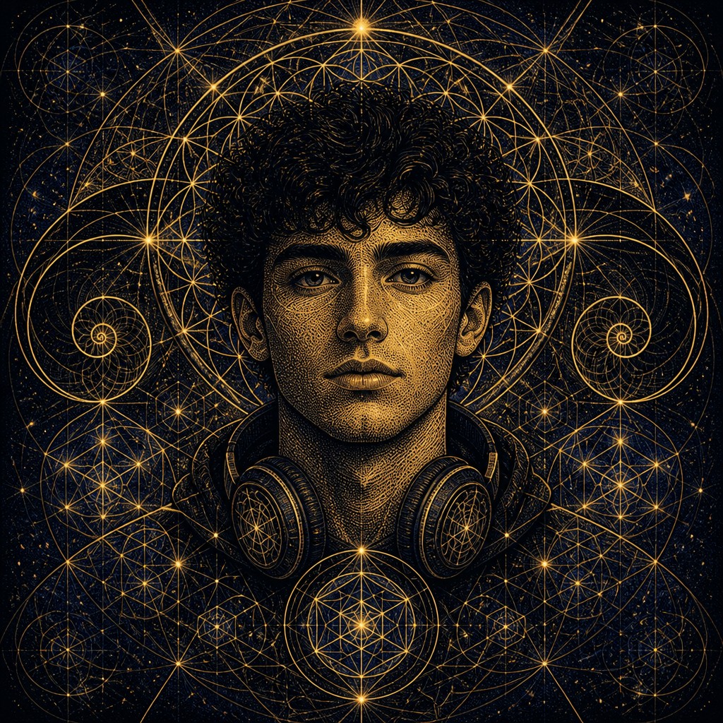 head-and-shoulders portrait of an original character: a young man with curly dark hair and headphones around his neck, plain backdrop, no text — Sacred Geometric Art Discord profile picture