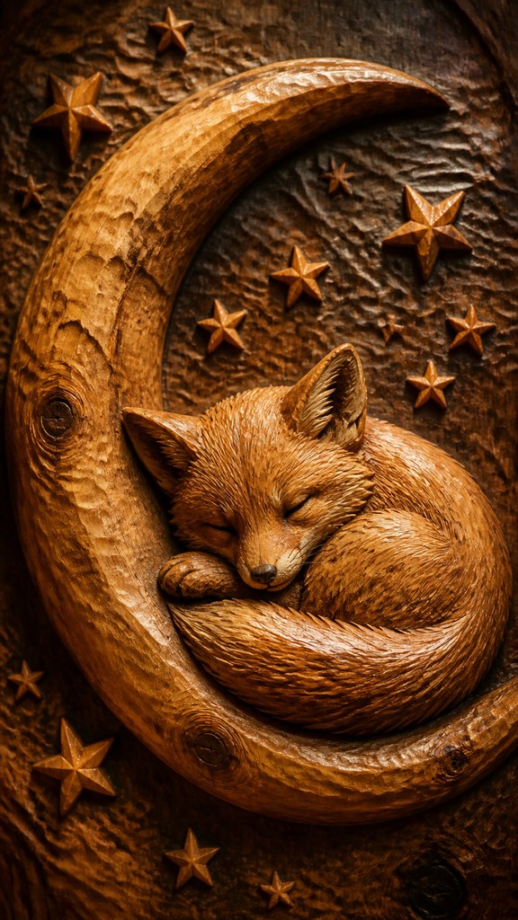 a sleeping baby fox curled on a crescent moon among soft stars, gentle and warm, no text — Wood Carving Sculpture Art Style baby announcement