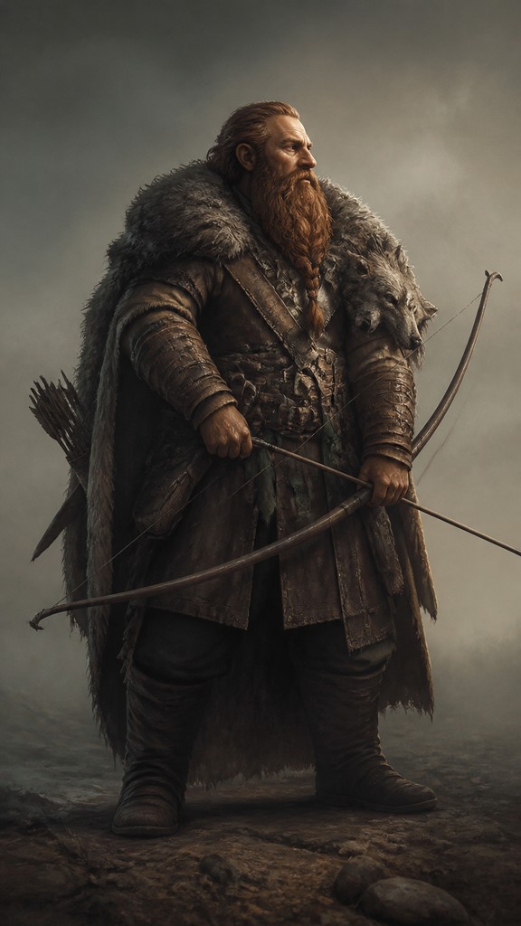 full-body original character: a dwarven ranger with a braided auburn beard, worn leather armor, a longbow and a wolf-pelt cloak, neutral background, no text — Matte Painting Digital Art Style tabletop character portrait