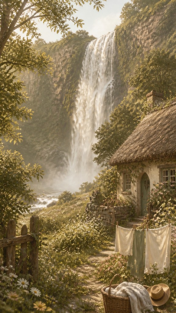 towering waterfall cascading down a cliff — Cottagecore Aesthetic