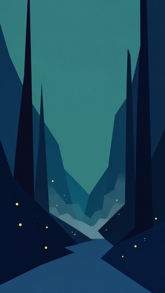 a mysterious forest path with fireflies and drifting mist, atmospheric vertical composition with open space at the top, no text — Color Field Minimalism Art Style book cover