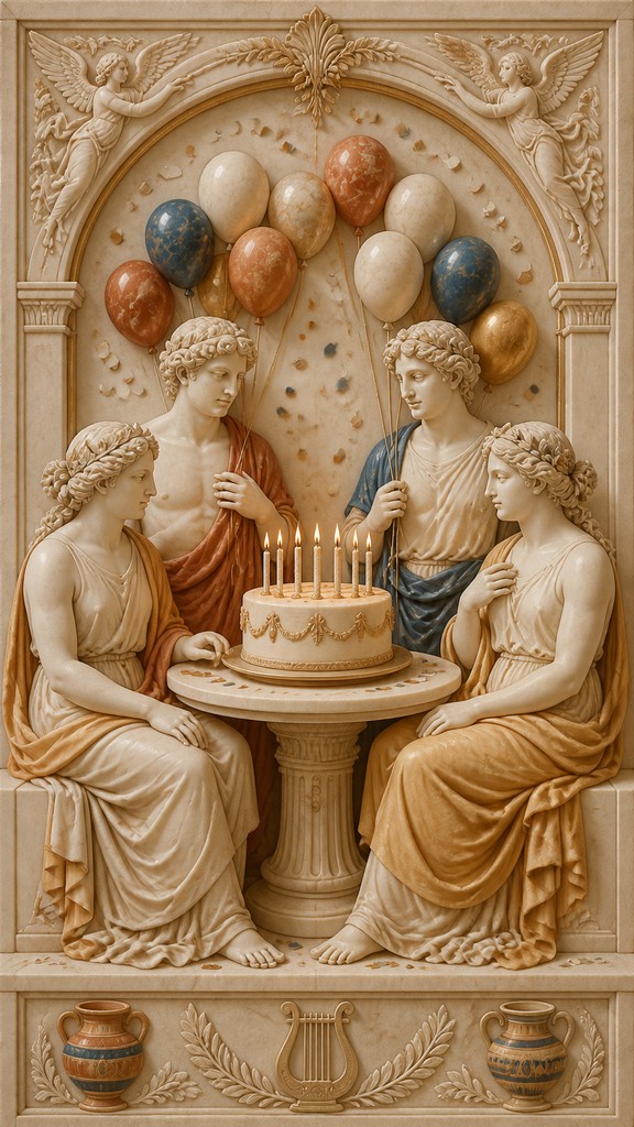 a birthday cake with lit candles surrounded by balloons and confetti, festive vertical composition, no text — Ancient Greek Classical Art Style birthday card