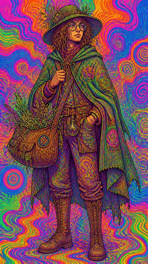 full-body original character: a wandering botanist with a satchel of plants, a patched green cloak, tall boots and round glasses, neutral background — Psychedelic Art Style character design