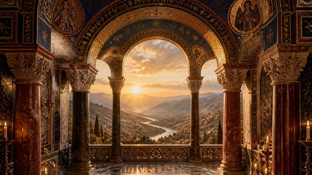 a vast valley with a river winding toward distant mountains at sunrise, no people, no text — Byzantine Architecture desktop wallpaper