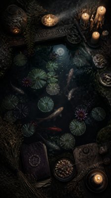 a koi pond with lily pads seen from above, no people — Witchcore Aesthetic wallpaper