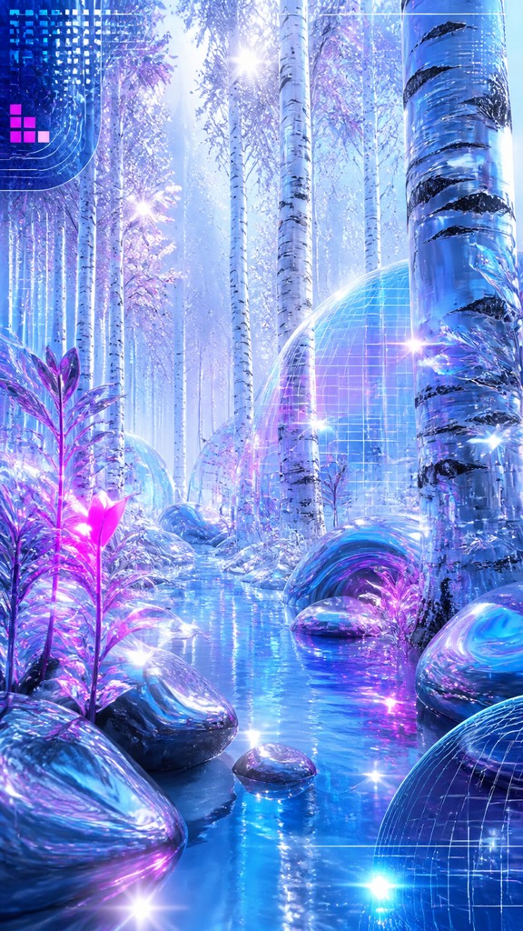 a serene birch forest in soft morning light, no people, no text — Cyber Y2K Aesthetic wall art print
