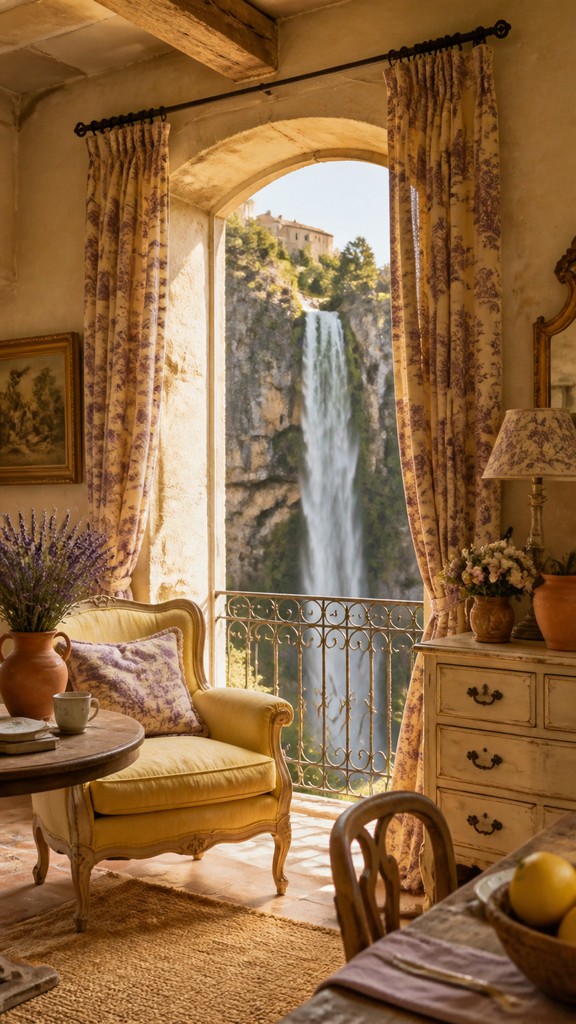 towering waterfall cascading down a cliff — French Country Interior Design