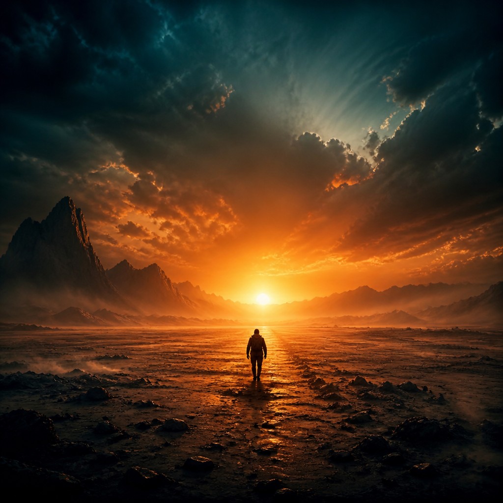 a solitary figure walking toward a glowing horizon across an empty plain, moody atmosphere, no text or lettering — Movie Poster Design album cover