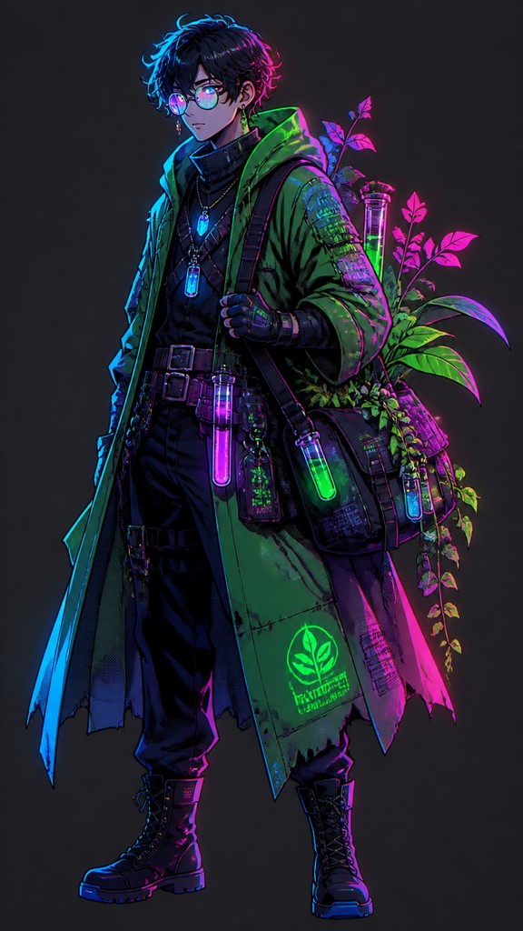 full-body original character: a wandering botanist with a satchel of plants, a patched green cloak, tall boots and round glasses, neutral background — Cyberpunk Neon Anime Art Style character design