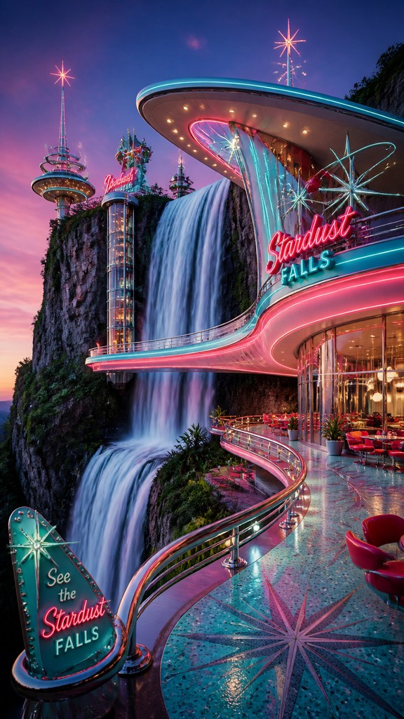 towering waterfall cascading down a cliff — Googie Architecture