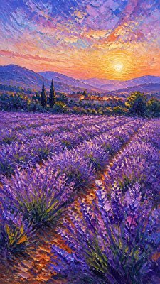 a field of lavender stretching to distant hills at dusk, no people — Impressionist Landscape Art Style wallpaper