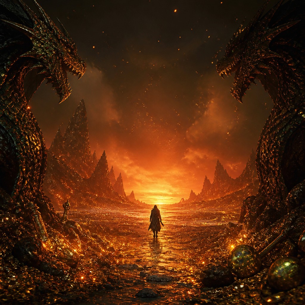 a solitary figure walking toward a glowing horizon across an empty plain, moody atmosphere, no text or lettering — Dragoncore Aesthetic album cover