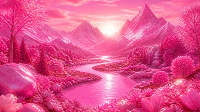 a vast valley with a river winding toward distant mountains at sunrise, no people, no text — Barbiecore Aesthetic wallpaper
