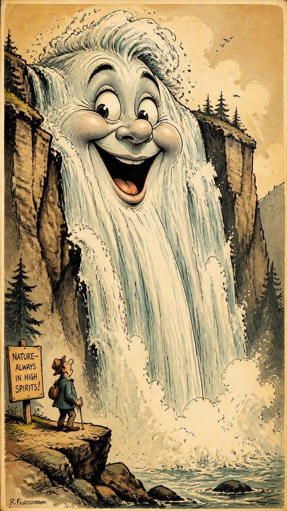 towering waterfall cascading down a cliff — Caricature Art Style