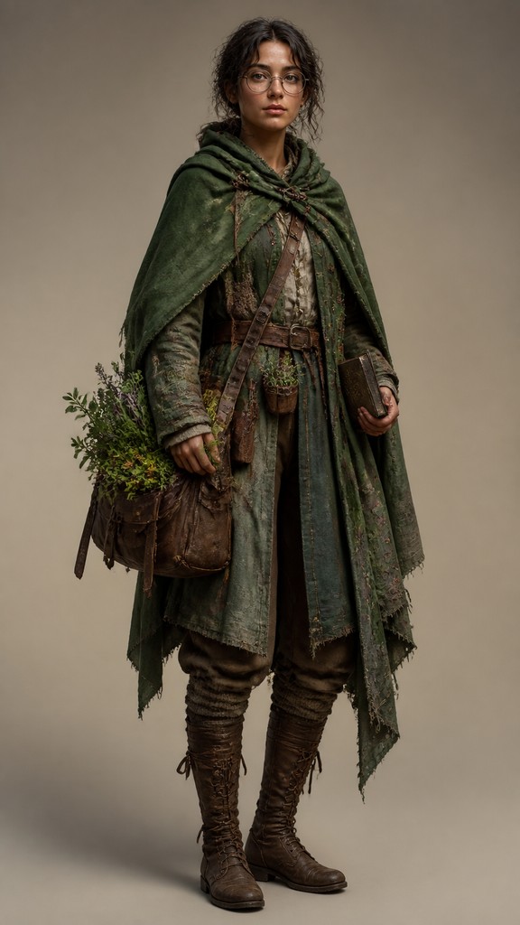 full-body original character: a wandering botanist with a satchel of plants, a patched green cloak, tall boots and round glasses, neutral background — Photorealistic Figurative Art Style character design