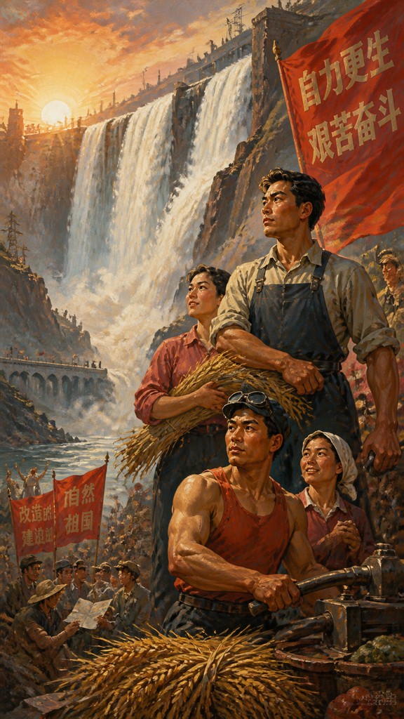 towering waterfall cascading down a cliff — Socialist Realism Art Style