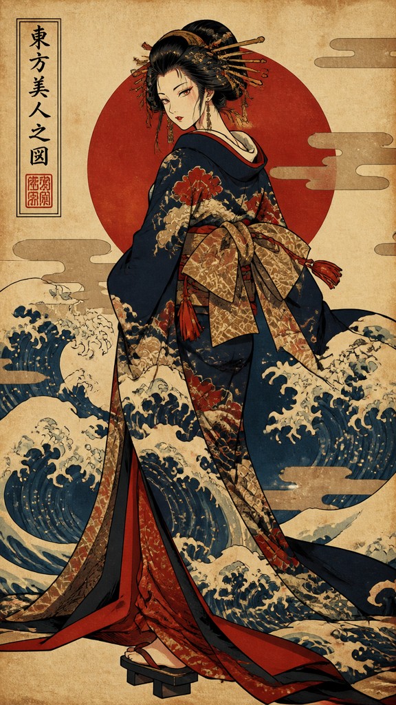 full-length portrait of an elegant figure — Ukiyo-e Anime Fusion Portrait