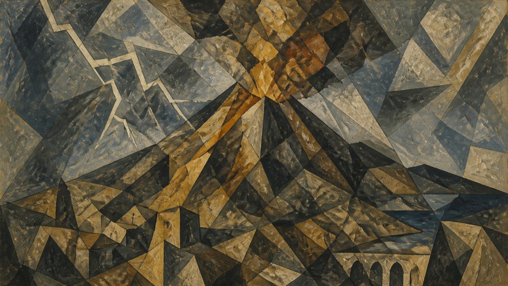 an erupting volcano with lightning strikes, dramatic wide composition, no text — Cubism Art Style YouTube thumbnail