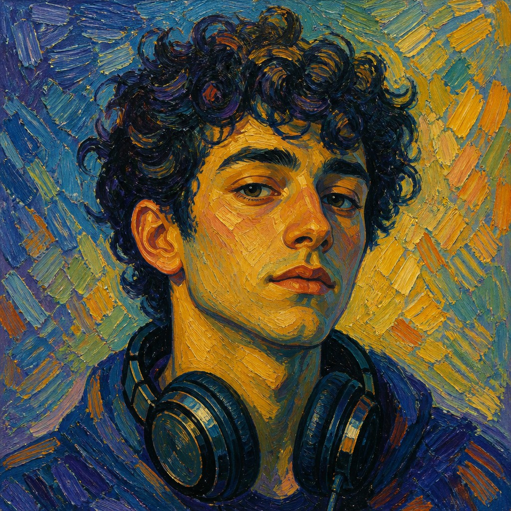 head-and-shoulders portrait of an original character: a young man with curly dark hair and headphones around his neck, plain backdrop, no text — Post-Impressionism Art Style Discord profile picture